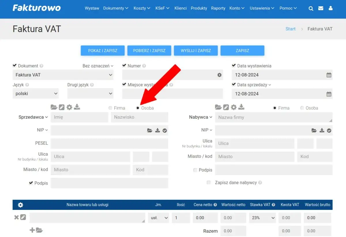 Formularz faktury VAT. Zaznaczono opcję "Osoba" jako sprzedawcę, co sugeruje, że można wystawić fakturę nawet przy działalności nierejestrowanej.