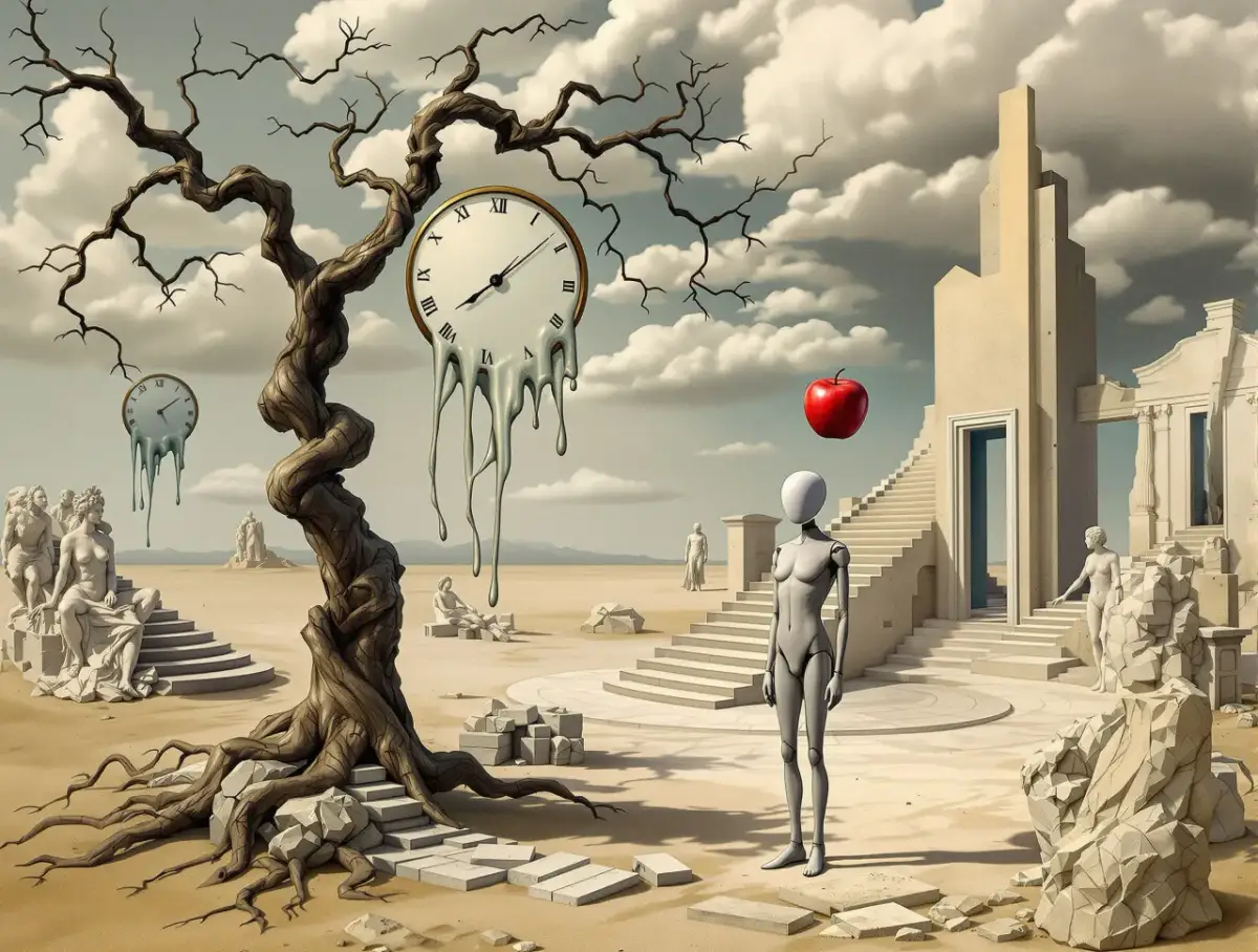 Surrealizm w malarstwie: topniejące zegary na pustyni, manekin z jabłkiem, posągi i dziwne budowle.