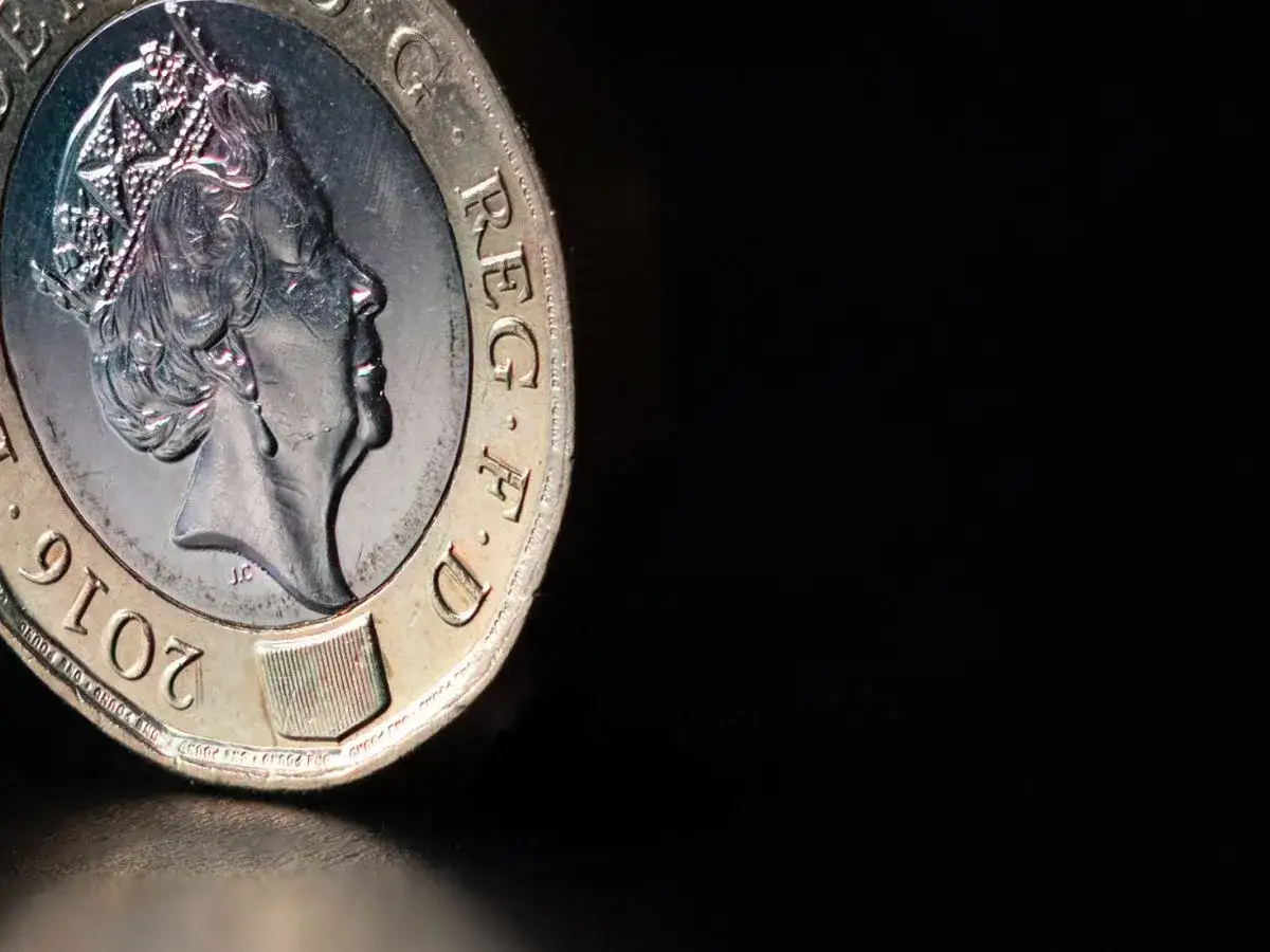Moneta z wizerunkiem królowej Elżbiety II, symbolizująca jaka waluta w Wielkiej Brytanii. Rok 2016.