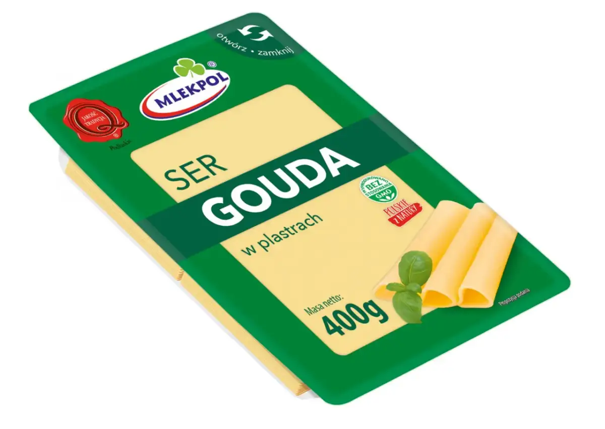 Opakowanie sera Gouda w plastrach z listkami bazylii i napisem "Mlekpol".