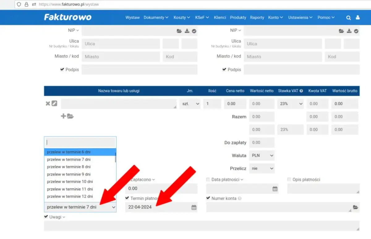 Wybieranie jaki termin płatności na fakturze, np. przelew w terminie 7 dni, w systemie Fakturowo.