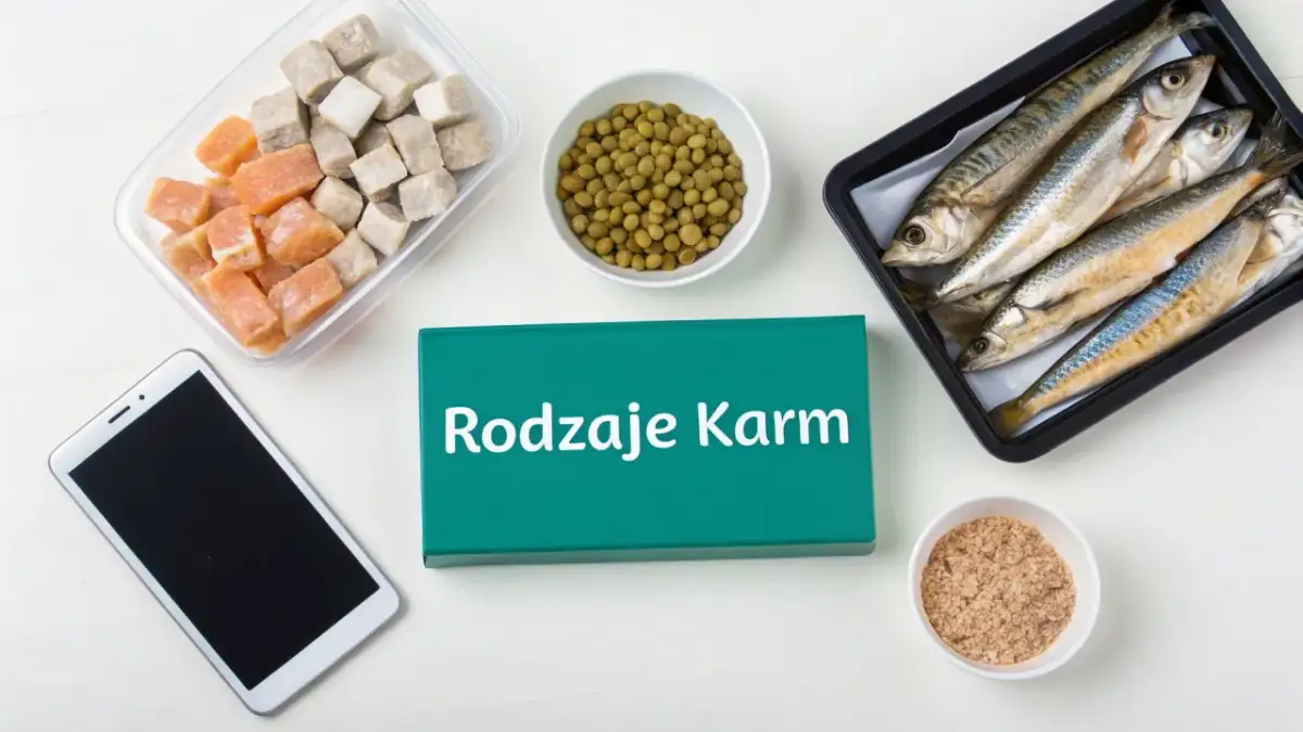 Kawałki ryb, mrożonki, groszek i tablet z napisem "Rodzaje Karm".