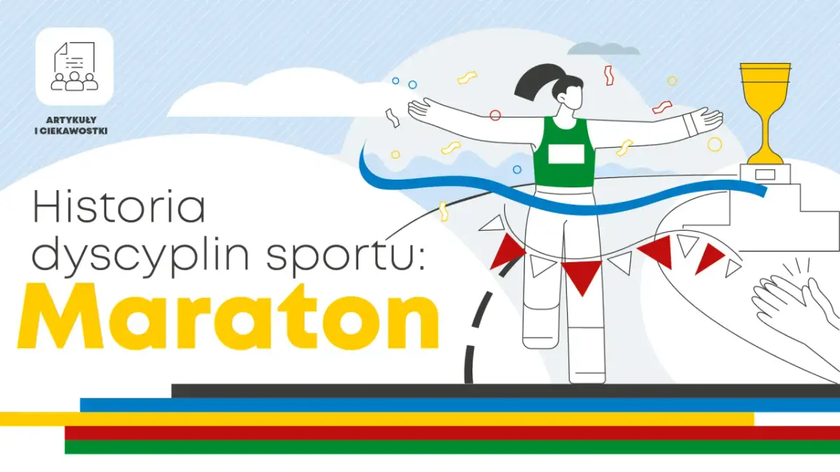 Ilustracja przedstawia biegaczkę przekraczającą metę, symbolizującą legendę o biegu maratońskim.