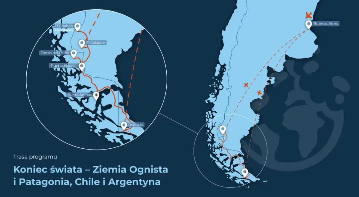 Mapa pokazuje, gdzie leży Patagonia: południowy kraniec Ameryki Południowej, z zaznaczonymi miastami jak El Calafate, Ushuaia i Buenos Aires.