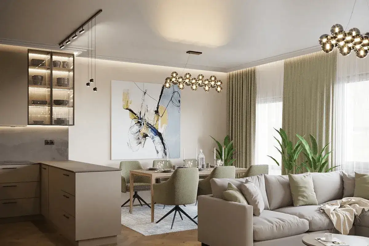 Nowoczesna kuchnia i jadalnia z sofą. Zastanawiasz się, ile kosztuje generalny remont mieszkania?
