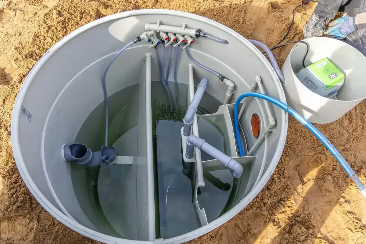 Wielokomorowa oczyszczalnia biologiczna czy ekologiczna w trakcie montażu. Widać rury, przegrody i pompę.