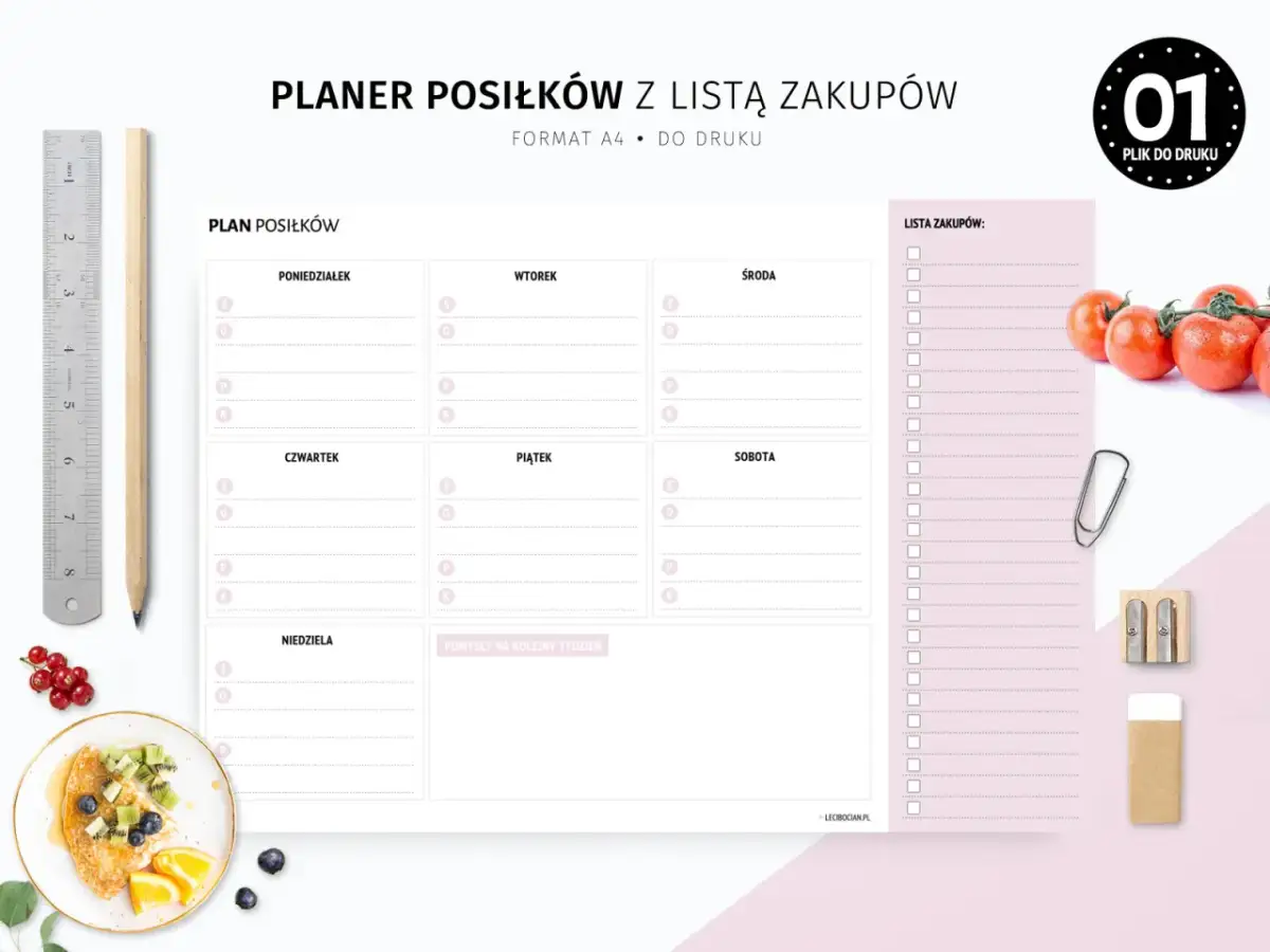 Planer posiłków z listą zakupów. Tabela rozkład posiłków w ciągu dnia, od poniedziałku do niedzieli, z miejscem na notatki i listę zakupów.