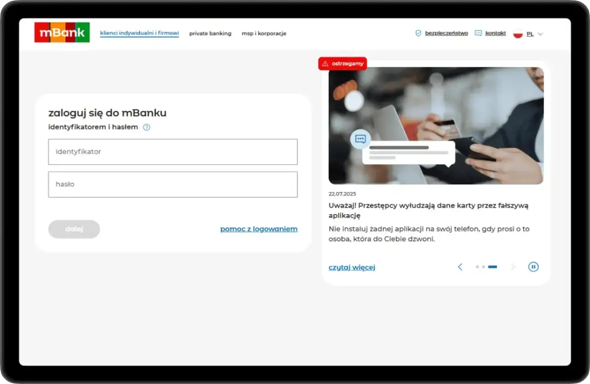 Ekran logowania do mBanku. Formularz do wpisania identyfikatora i hasła. Dowiedz się, jak zmienić identyfikator mBank.