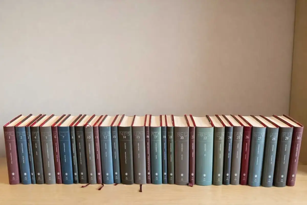 Rząd książek z numerowanymi tomami, tworzący kolekcję klasyki literatury światowej.