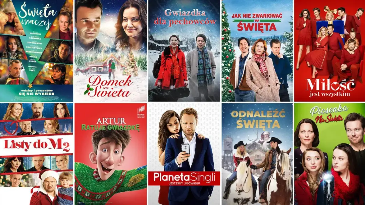 Kolaż plakatów filmów świątecznych: "Święta inaczej", "Domek na Święta", "Gwiazdka dla pechowców", "Jak nie zwariować w Święta", "Miłość jest wszystkim", "Listy do M2", "Artur ratuje gwiazdkę", "Planeta Singli", "Odnaléźć Święta", "Piosenka na Święta".