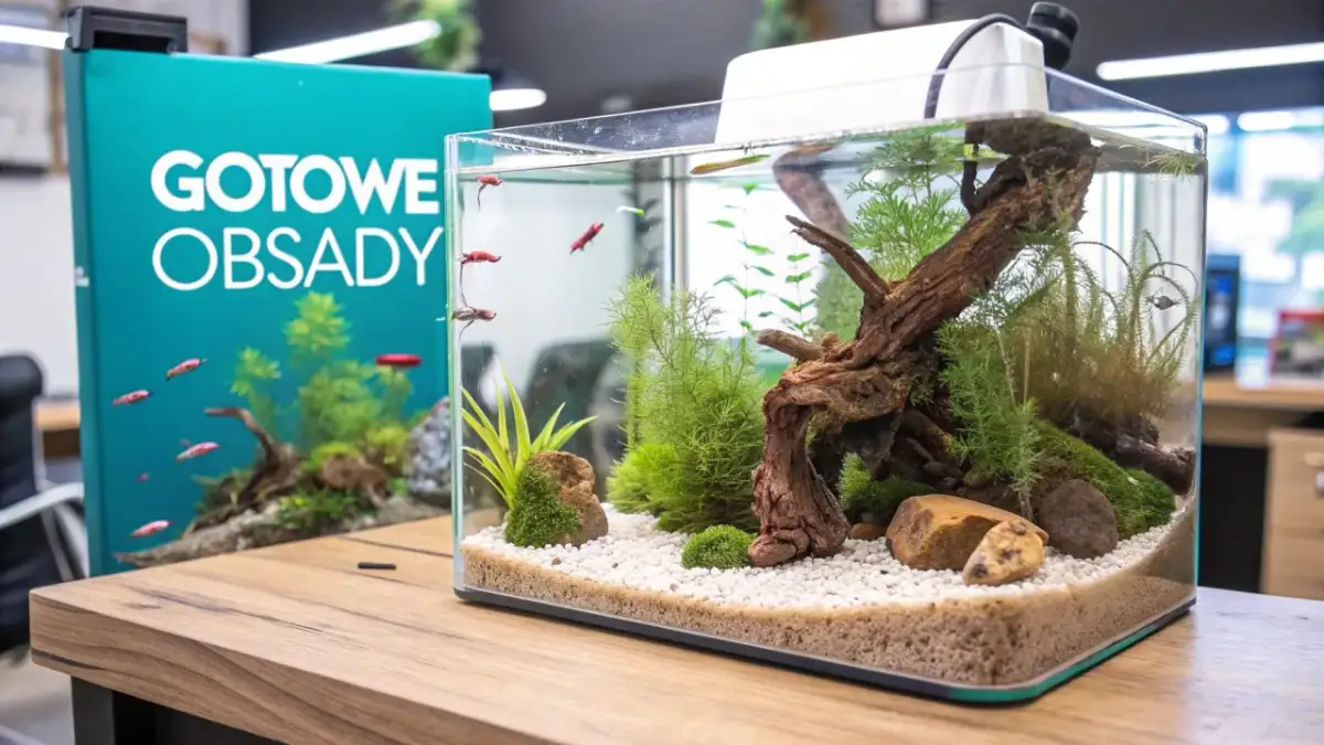 Małe akwarium z gupikami i roślinami, obok zielona tablica z napisem "GOTOWE OBSADY".