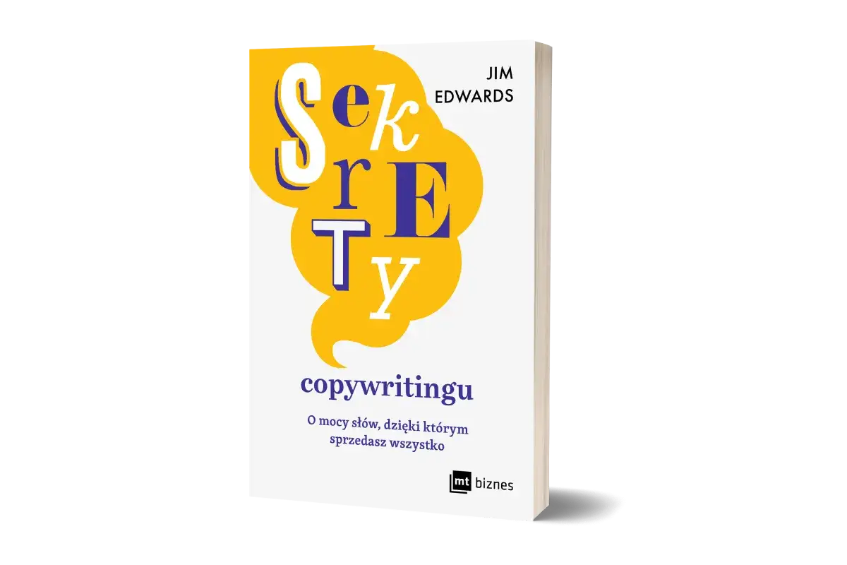 Okładka książki "Sekrety copywritingu" Jima Edwardsa z żółtymi dymkami i fioletowymi literami.