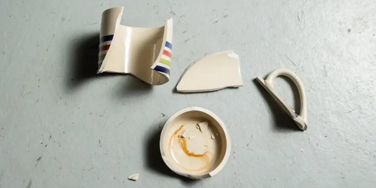 Rozbite fragmenty ceramicznego kubka z kolorowymi paskami leżą na szarym tle. Widać podstawę, korpus, uchwyt i kilka mniejszych kawałków. To materiał do nauki, jak skleić kubek ceramiczny.
