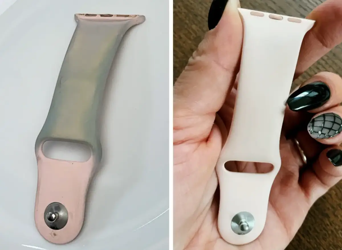 Przed i po: jak czyścić silikonowy pasek od zegarka. Brudny, szary pasek po lewej, czysty, jasnoróżowy po prawej.