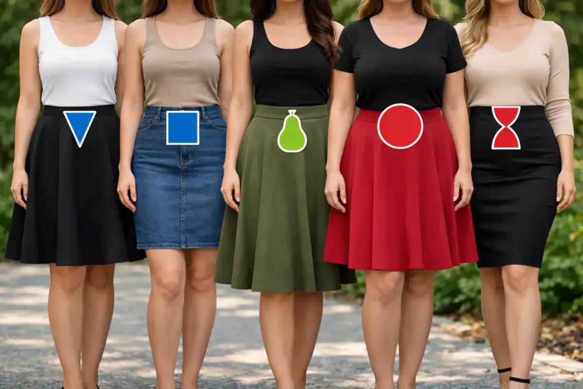 Pięć kobiet prezentuje różne fasony spódnic z wysokim stanem, pokazując, jak nosić spódnice z wysokim stanem dla każdej figury.