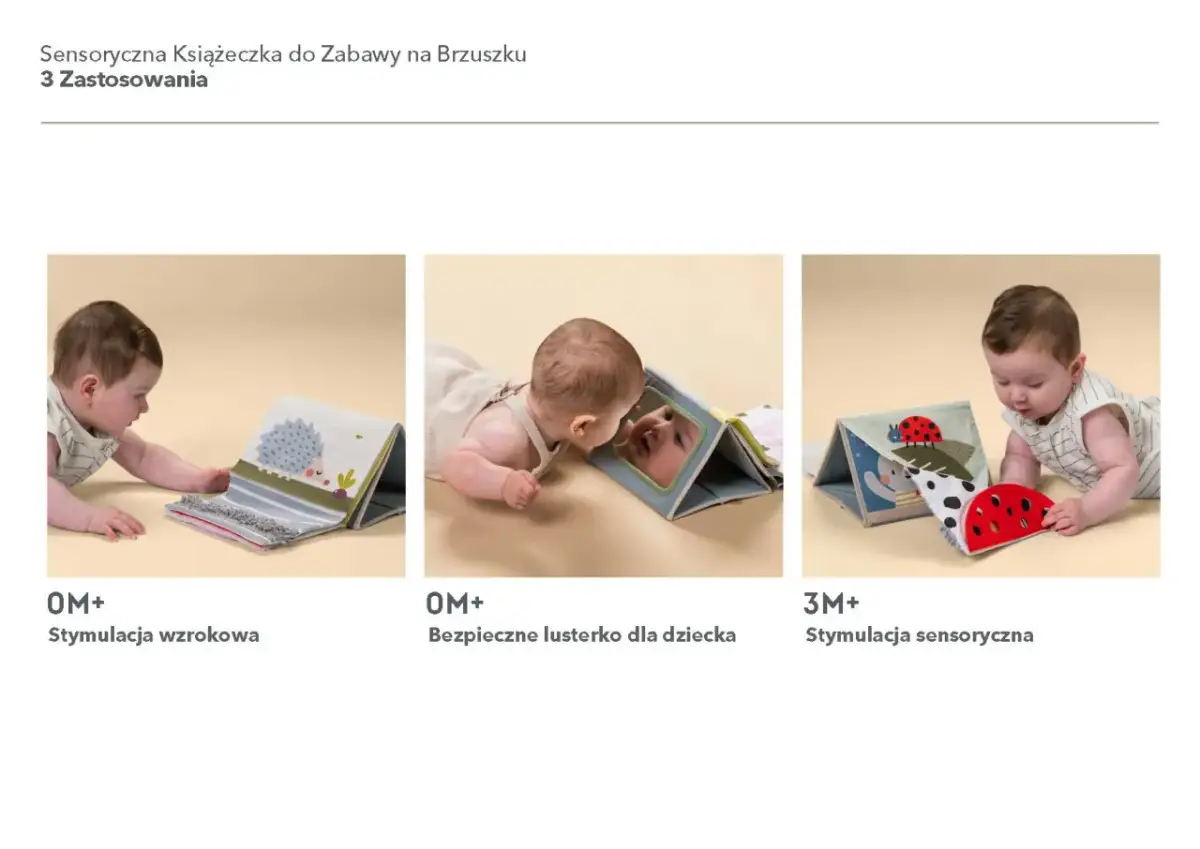 Niemowlę bawi się miękką książeczką sensoryczną, która stymuluje zmysły.