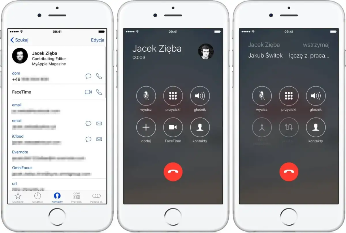 Trzy ekrany iPhone'a pokazujące nagrywanie rozmów. Widzimy kontakt, ekran rozmowy i ekran połączenia z innymi.