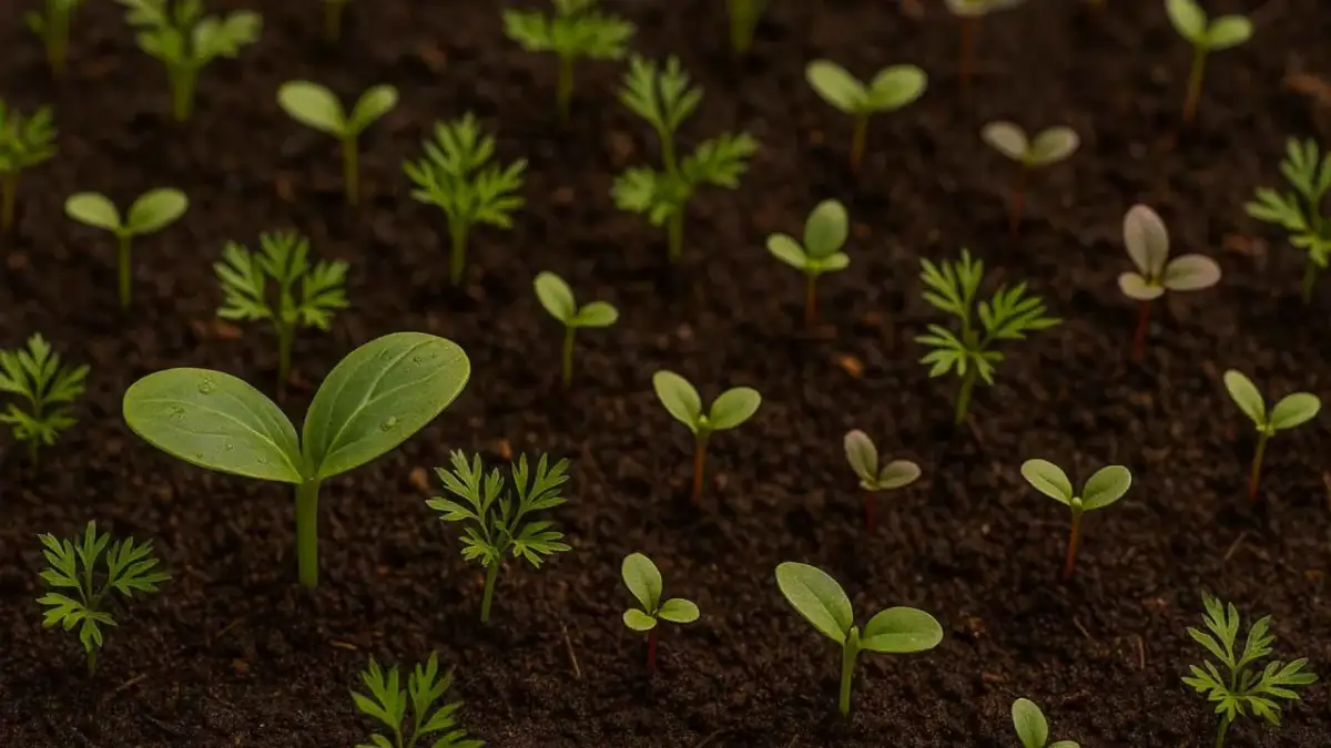 Młode sadzonki warzyw i kwiatów w ziemi, gotowe do siewu w maju.