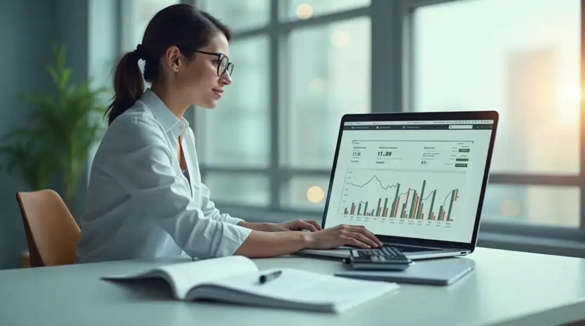 Kobieta w okularach analizuje dane na laptopie, co może być związane z rozliczaniem paliwa w firmie. Na ekranie widoczne są wykresy i liczby.