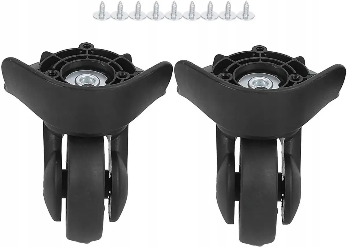 Dwa czarne kółka do walizki z zestawem śrub. Czy można dokupić kółka do walizki Wittchen? Tak, te mogą pasować.