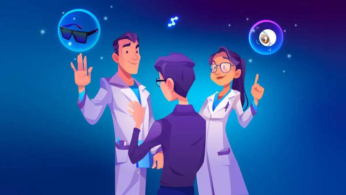 Trzy postacie w kitlach lekarskich, z okularami i okiem w bańkach.