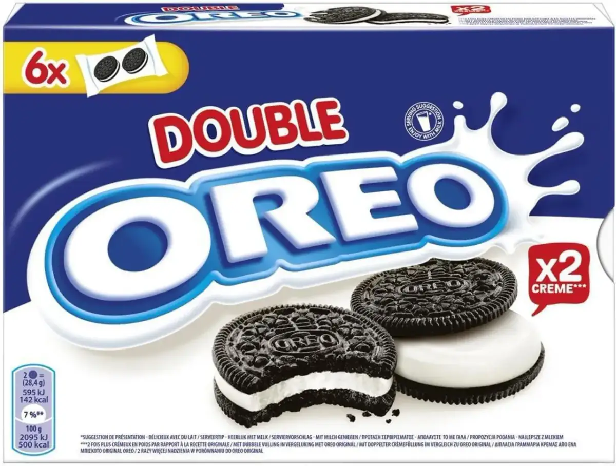 Opakowanie Double Oreo zawiera 100g ciastek. Na opakowaniu widać dwa ciastka Oreo z podwójnym kremem.