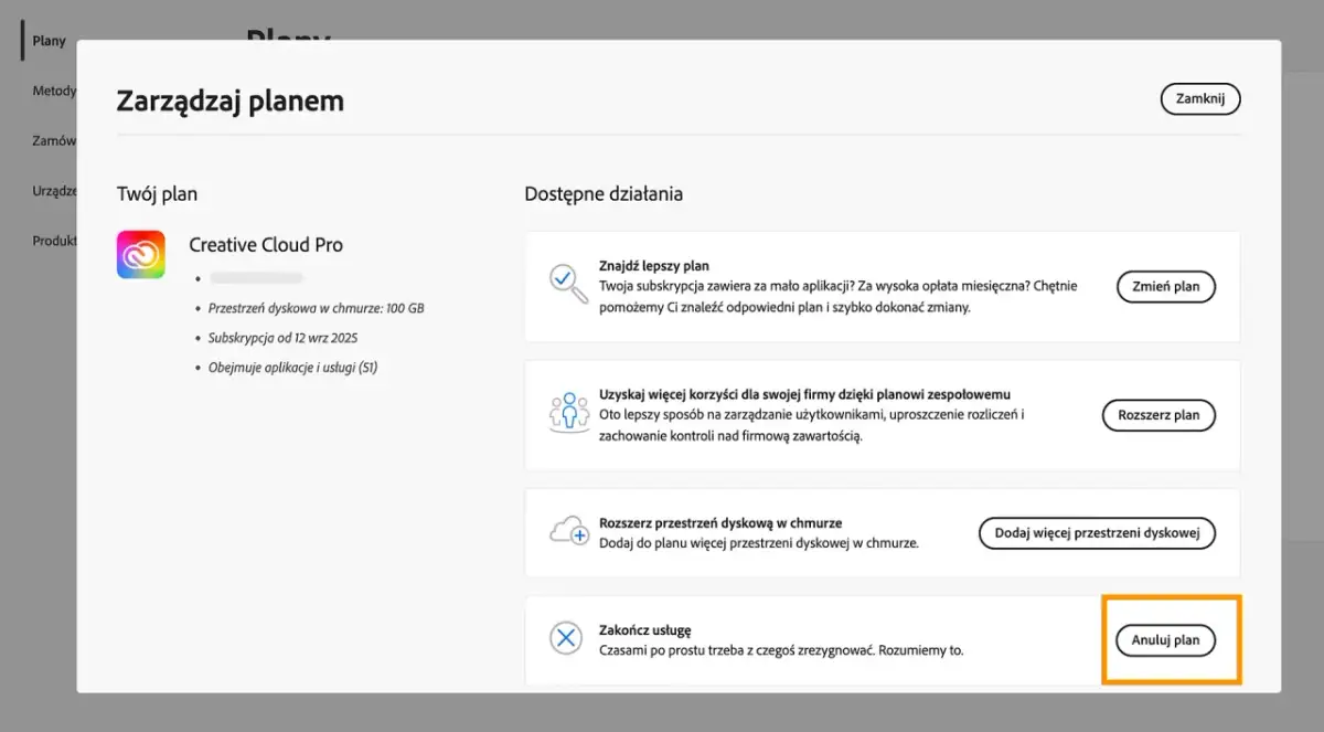 Ekran zarządzania planem Creative Cloud Pro z widocznym przyciskiem "Anuluj plan".