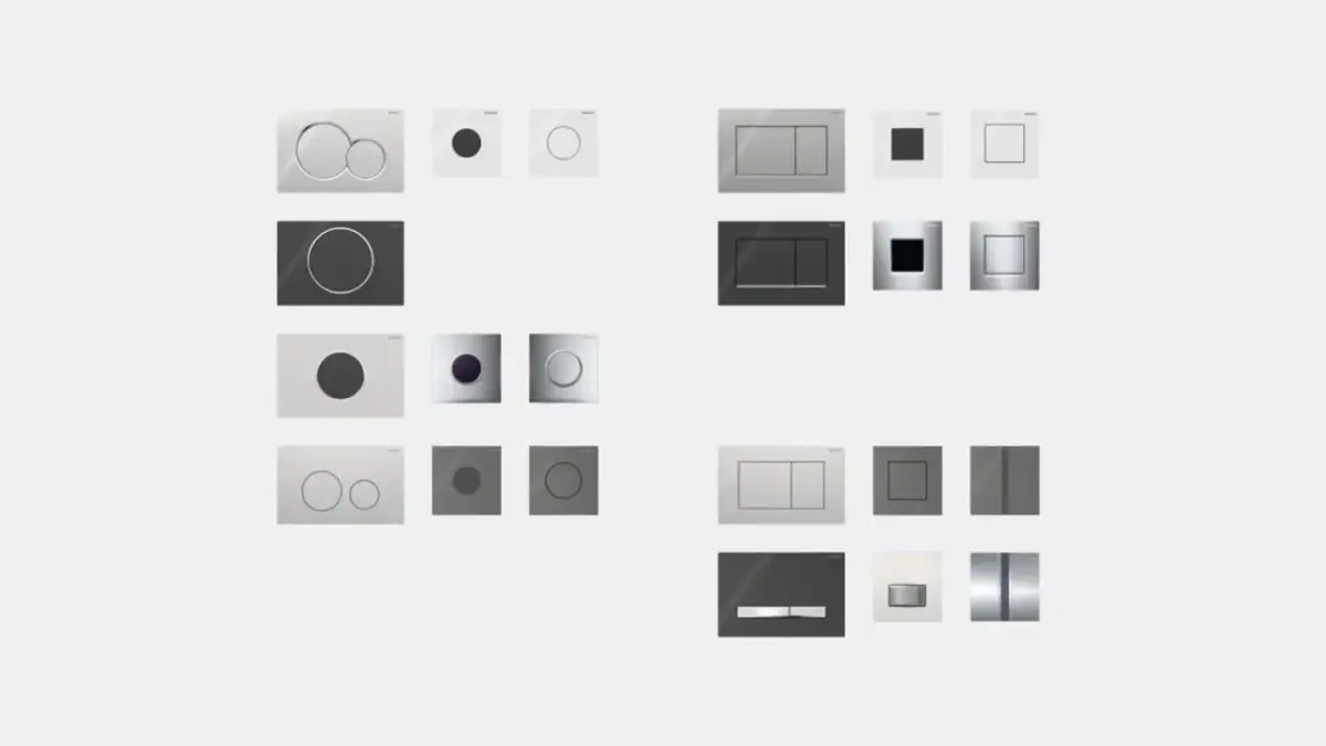 Kolekcja przycisków do geberitu w różnych kształtach i kolorach: okrągłe, kwadratowe, prostokątne, chromowane, czarne, białe.