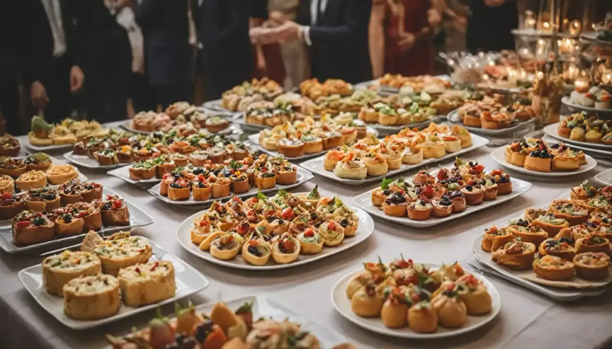 Stół uginający się od przekąsek w stylu a la carte: tartaletki, kanapeczki i mini quiche.