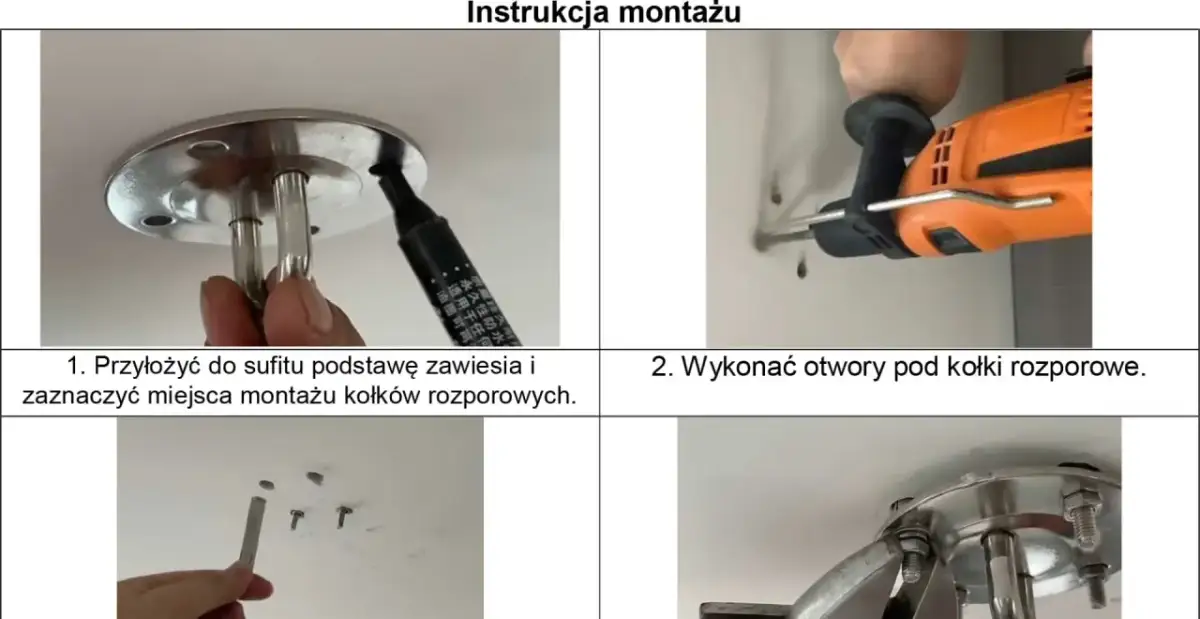 Instrukcja montażu huśtawki do sufitu: przyłóż podstawę, zaznacz miejsca, wywierć otwory, wkręć kołki i zamontuj.