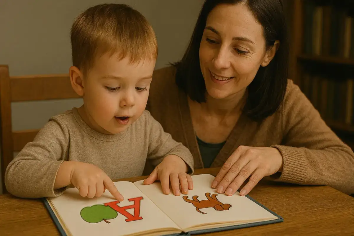 Mama uczy malucha nauki czytania dla 7 latka. Chłopiec z zaciekawieniem wskazuje na literę "A" i obrazek jabłka w książce.