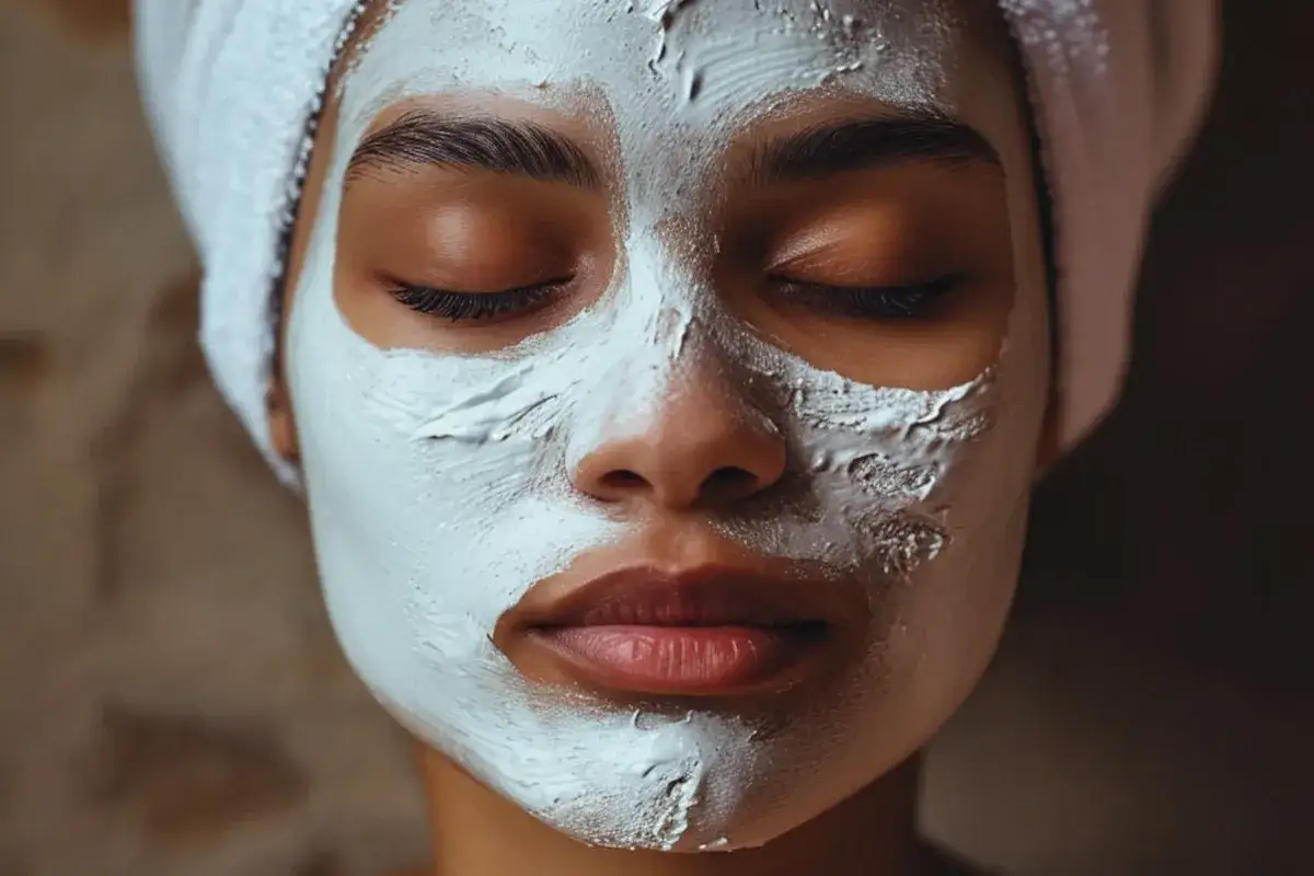 Kobieta z zamkniętymi oczami, z nałożoną białą maseczką na noc. Relaks i pielęgnacja.