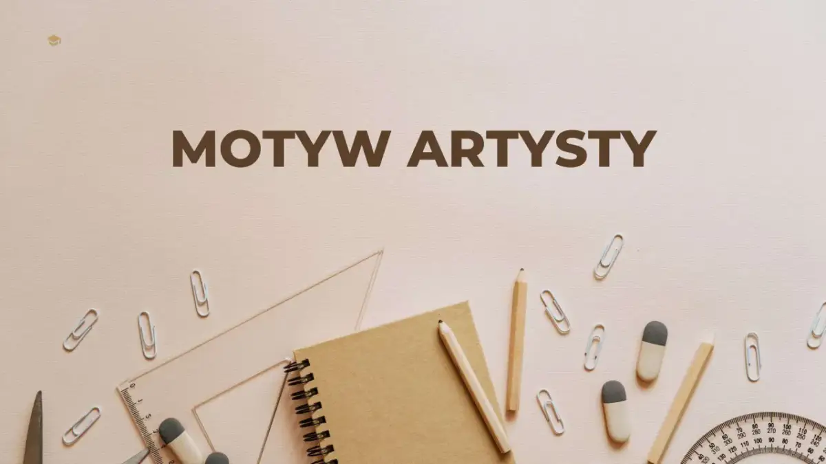 Motyw artysty w literaturze. Notatnik, ołówki, linijka i spinacze na jasnym tle.