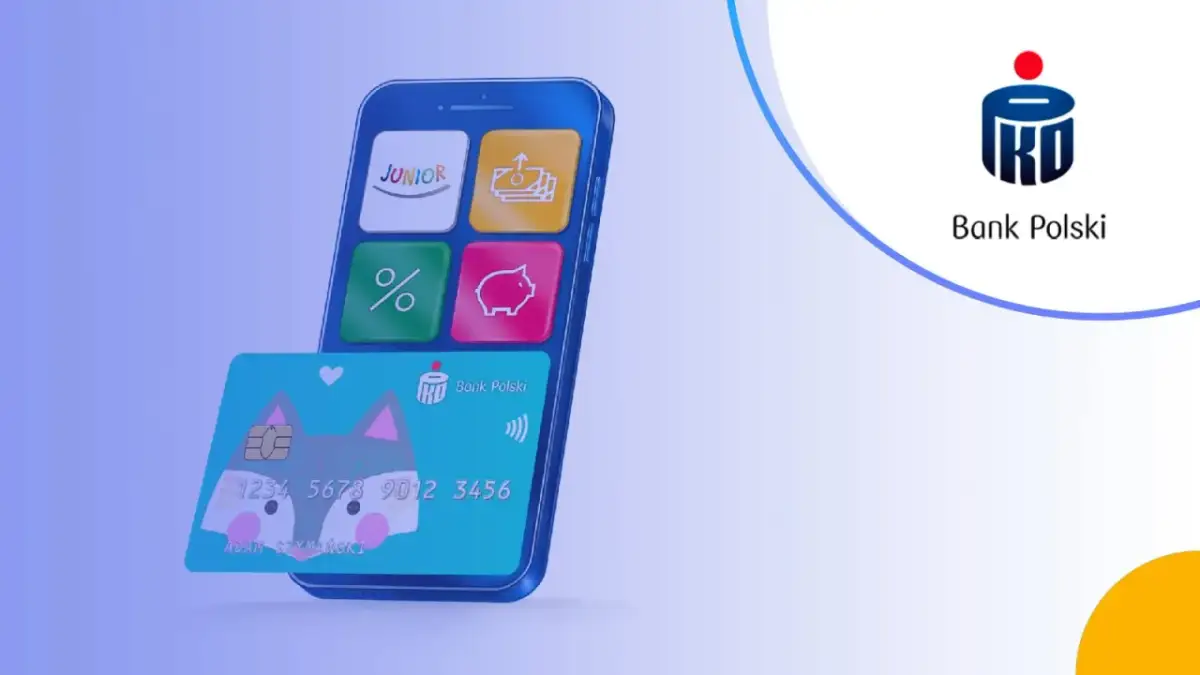 Smartfon z aplikacją PKO Junior i kartą z liskiem. Sprawdź, jakie oprocentowanie oferuje PKO Junior dla młodych oszczędzających.