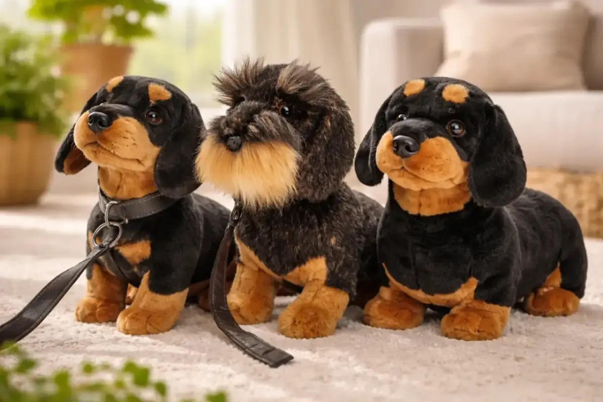 Trzy pluszowe jamniki siedzące na dywanie, dwa czarne z brązowymi łatami, jeden z dłuższym futrem.