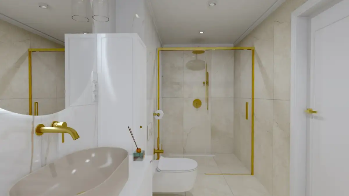 Elegancka łazienka w stylu skandynawskim z złotymi akcentami. Jasne płytki, wolnostojąca umywalka i przeszklony prysznic tworzą przestronne wnętrze.