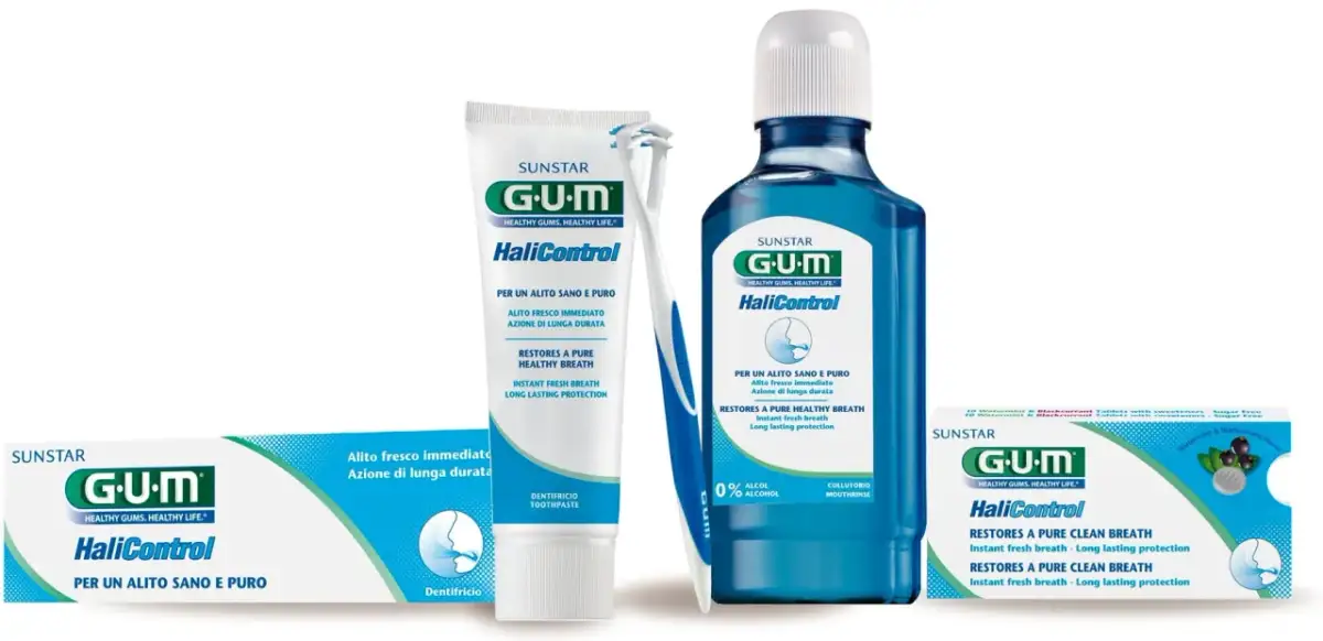 Zestaw produktów GUM HaliControl: pasta, płyn do płukania, tabletki i czyścik do języka, by zapomnieć o nieprzyjemnym zapachu z ust.