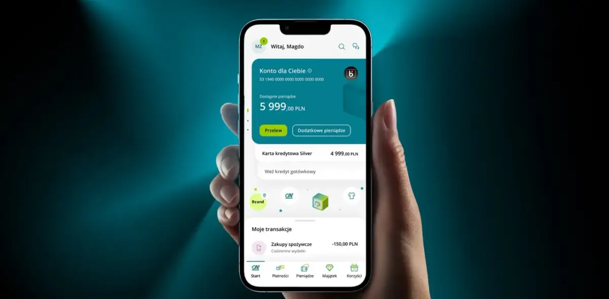 Widok aplikacji mobilnej Credit Agricole, pokazujący jak zalogować się do banku. Na ekranie widać saldo konta i dostępne opcje.