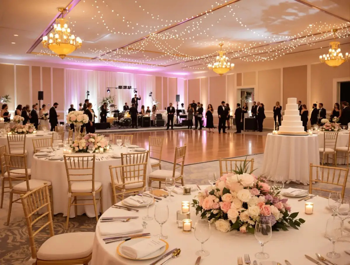 Elegancka sala weselna z oświetleniem, stołami i tortem.