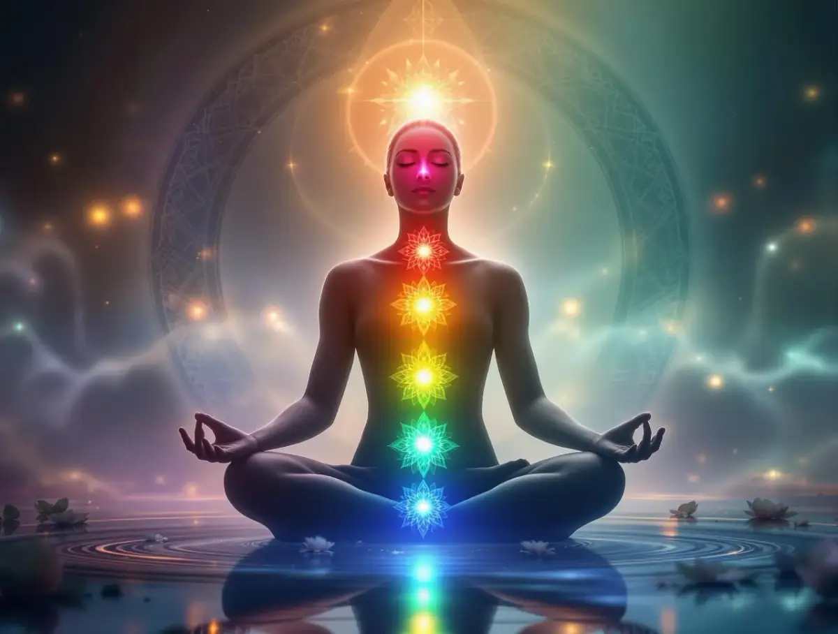 Kobieta w pozycji medytacyjnej z kolorowymi czakrami wzdłuż kręgosłupa.
