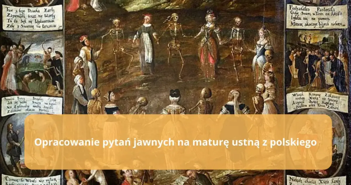 Obraz przedstawia makabryczny motyw tańca śmierci, gdzie szkielety wiodą do tańca ludzi ze wszystkich stanów.