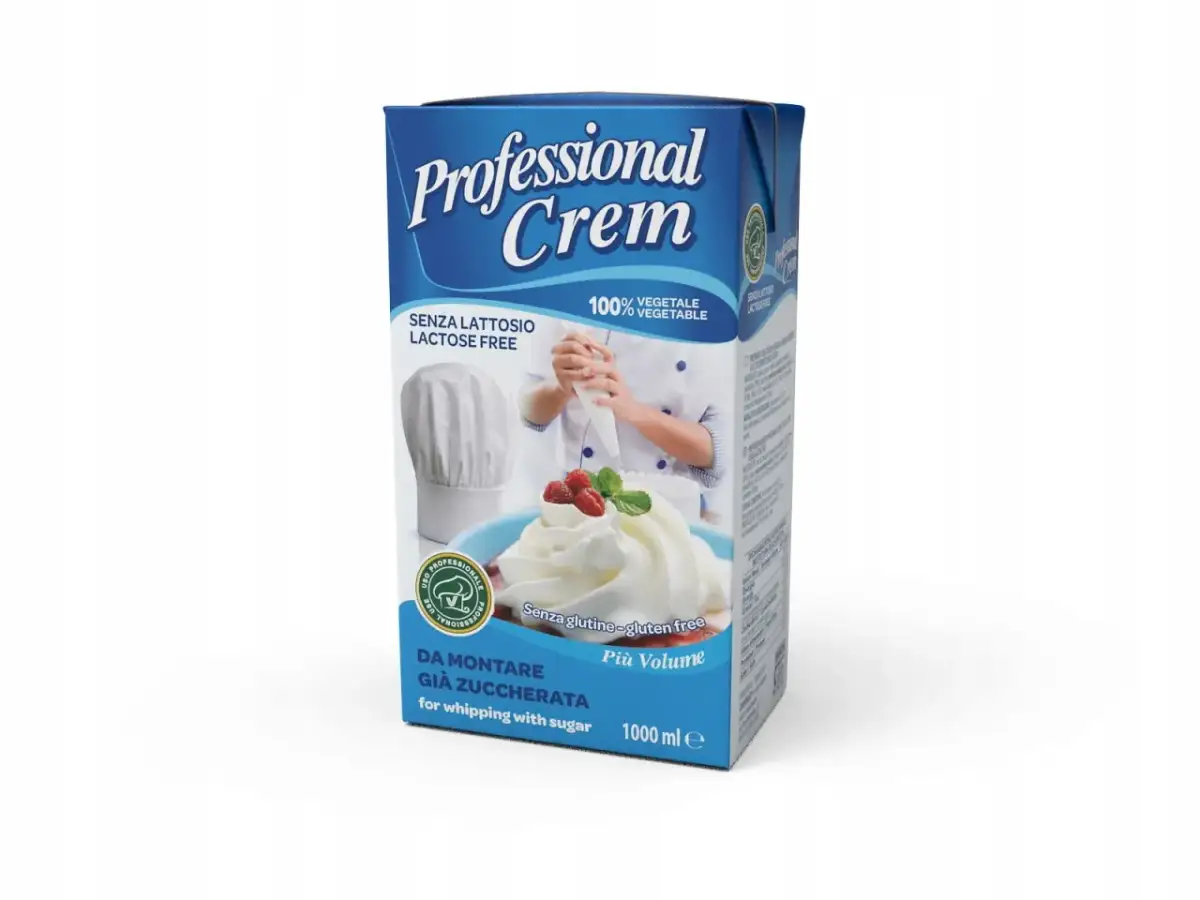 Wielofunkcyjna śmietana roślinna 31% Professional Crem, bez laktozy i glutenu, idealna do deserów. Gdzie kupić? Sprawdź opakowanie!