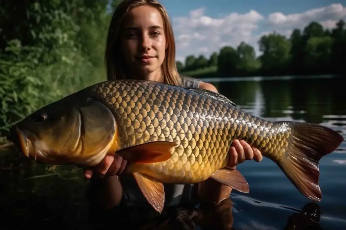 Kobieta trzyma w wodzie dużą, złocistą rybę karpia.
