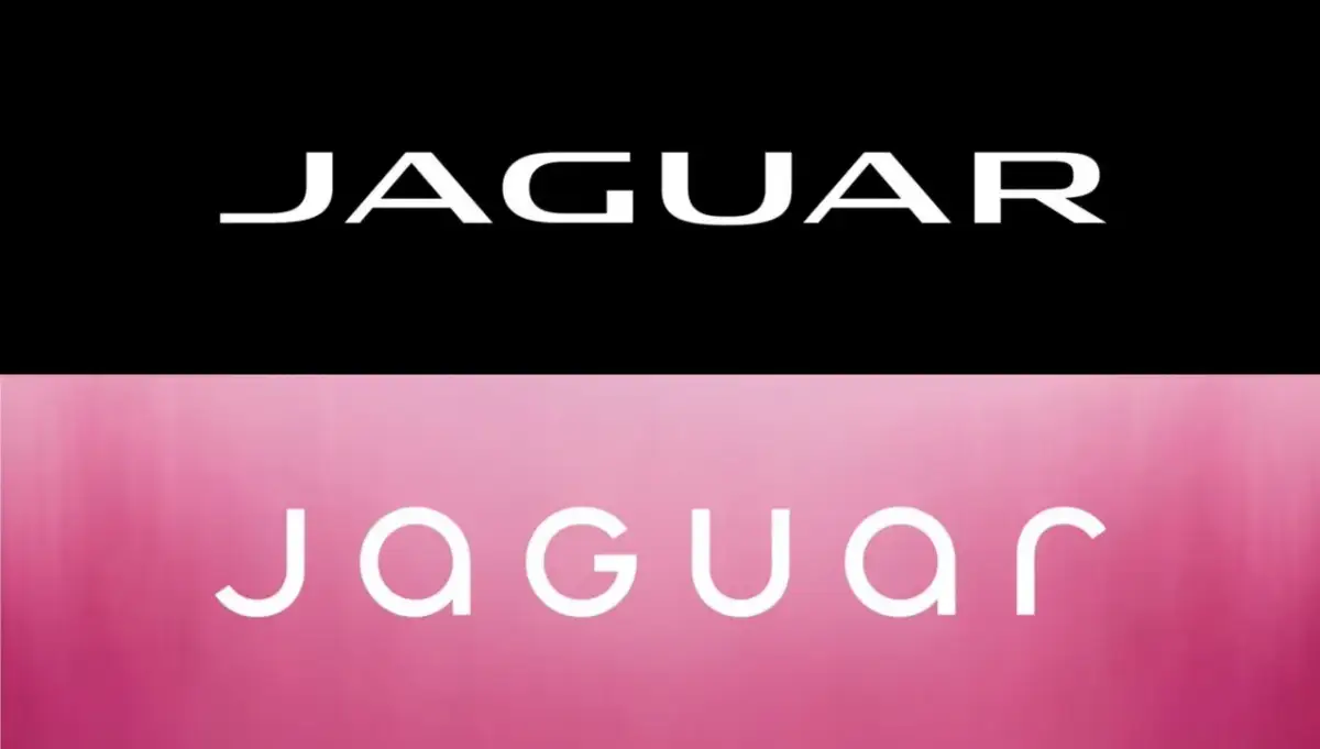 Dwa nowe loga samochodów Jaguar. Klasyczne białe litery na czarnym tle i nowoczesne, zaokrąglone na różowym tle.