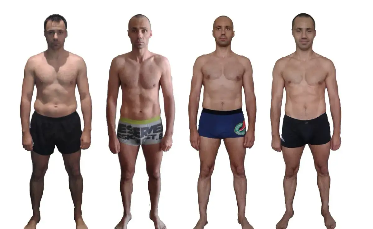 Mężczyzna pokazuje metamorfozę sylwetki, od nadwagi do szczupłej figury. To dowód, jak oczyścić organizm i osiągnąć sukces.