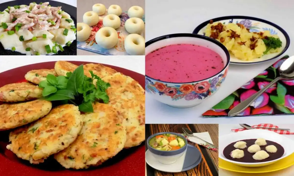 Kolaż zdjęć z potrawami: kluski z mięsem, placki ziemniaczane, zupa buraczkowa, zupa jarzynowa, kluski w sosie.