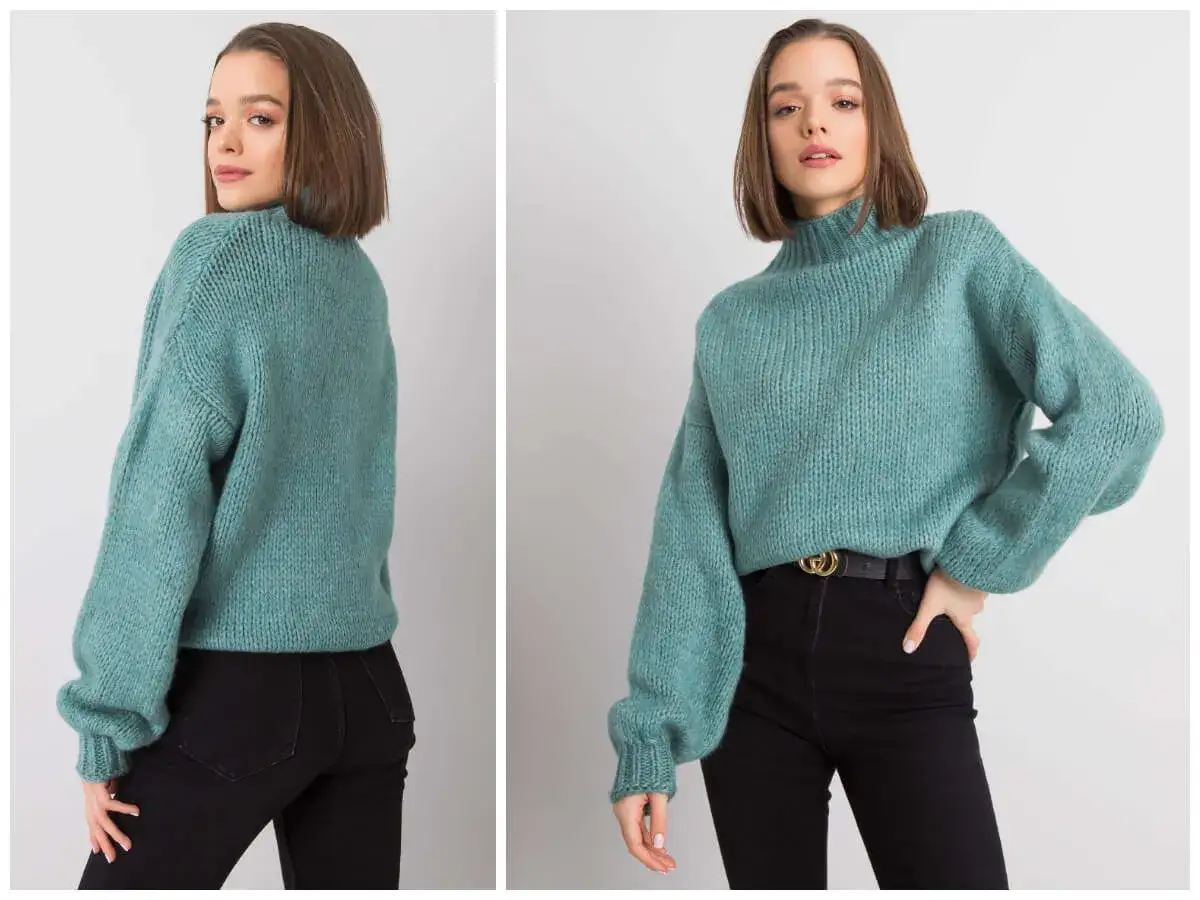Dziewczyna w turkusowym swetrze, który jest idealnym wyborem na chłodniejsze dni. Ten sweter czy sweter to must-have w każdej szafie.