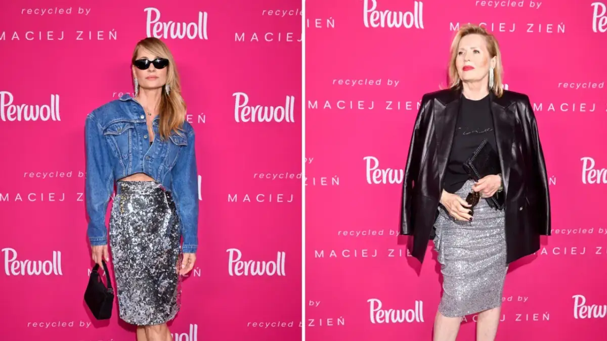 Dwie kobiety prezentują stylizacje ze srebrną spódnicą: jedna w jeansowej kurtce crop top, druga w skórzanej ramonesce. Inspiracja, co założyć do srebrnej spódnicy.