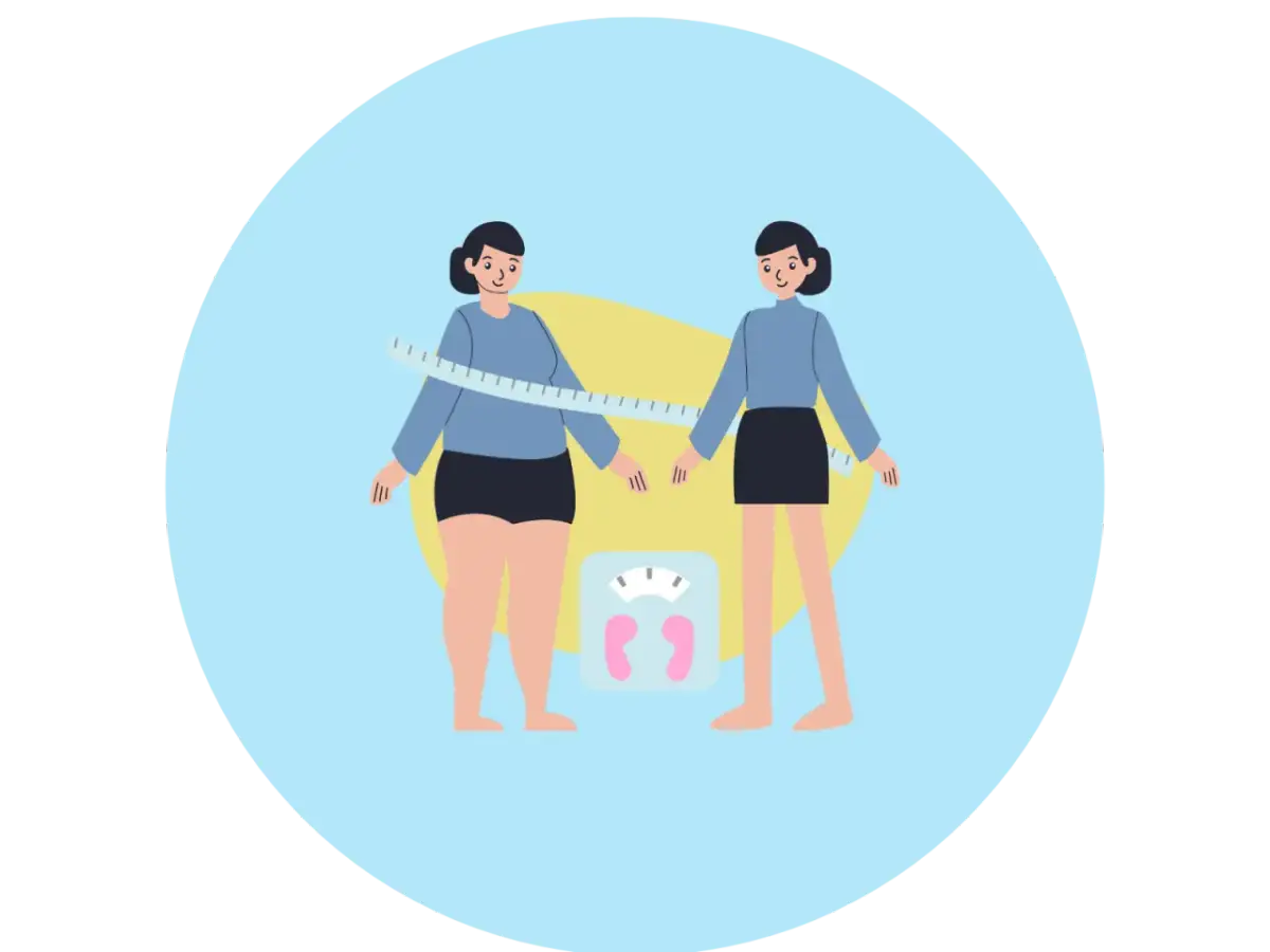 Dwie kobiety, jedna z nadwagą, druga szczupła, mierzone centymetrem. Waga łazienkowa symbolizuje **efekt plateau** w odchudzaniu.