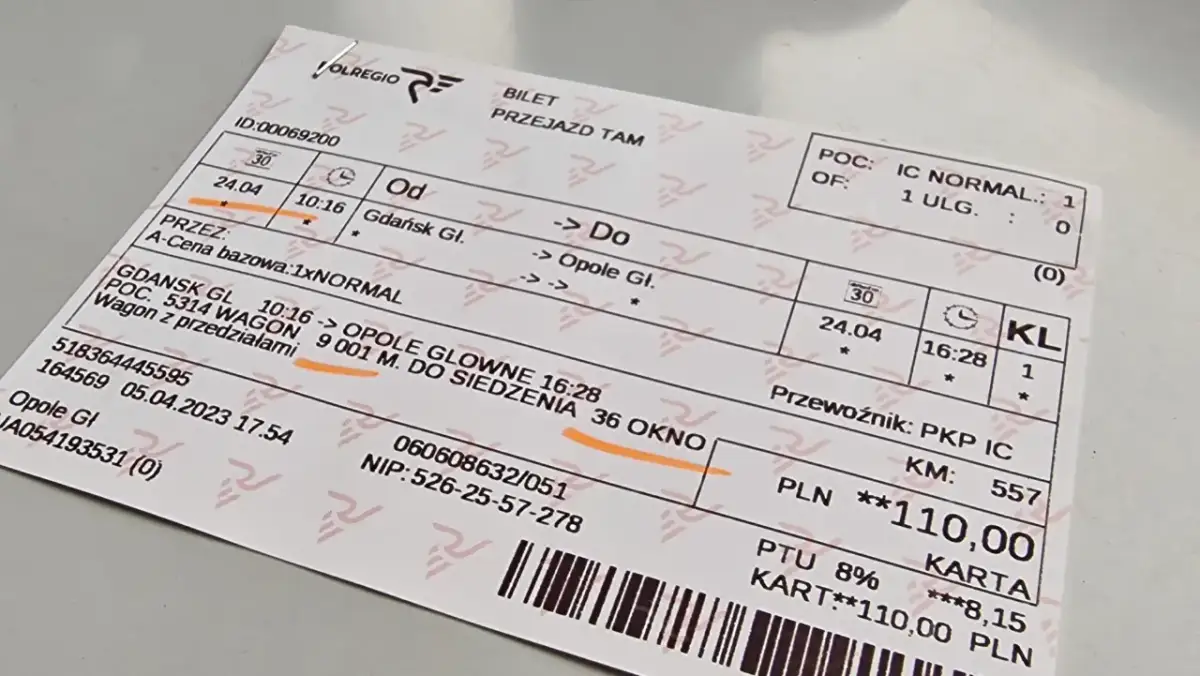 Bilet PKP z Gdańska do Opola, ważny 24.04. Jak zaksięgować bilet PKP? Cena 110 zł.